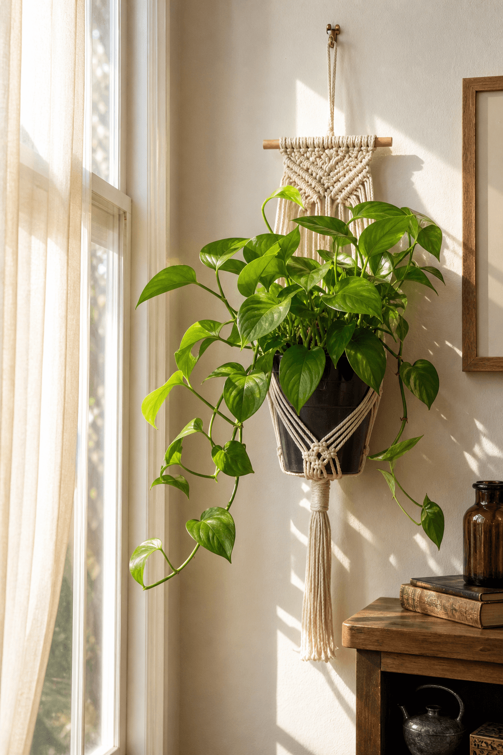 Cache-Pot Mural Macramé Barre Bois Crème