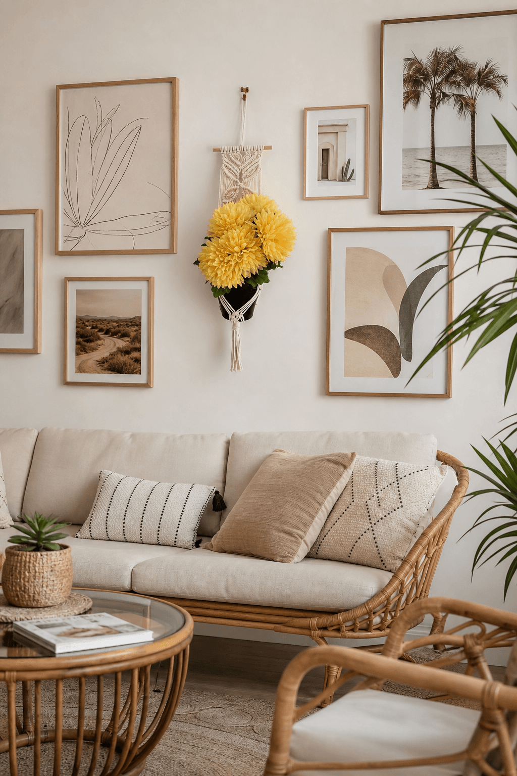 Cache-Pot Mural Macramé Barre Bois Crème