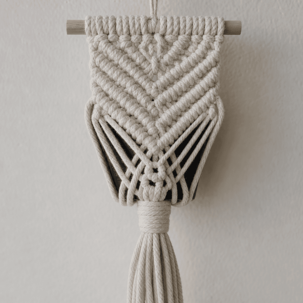 Cache-Pot Mural Macramé Barre Bois Crème