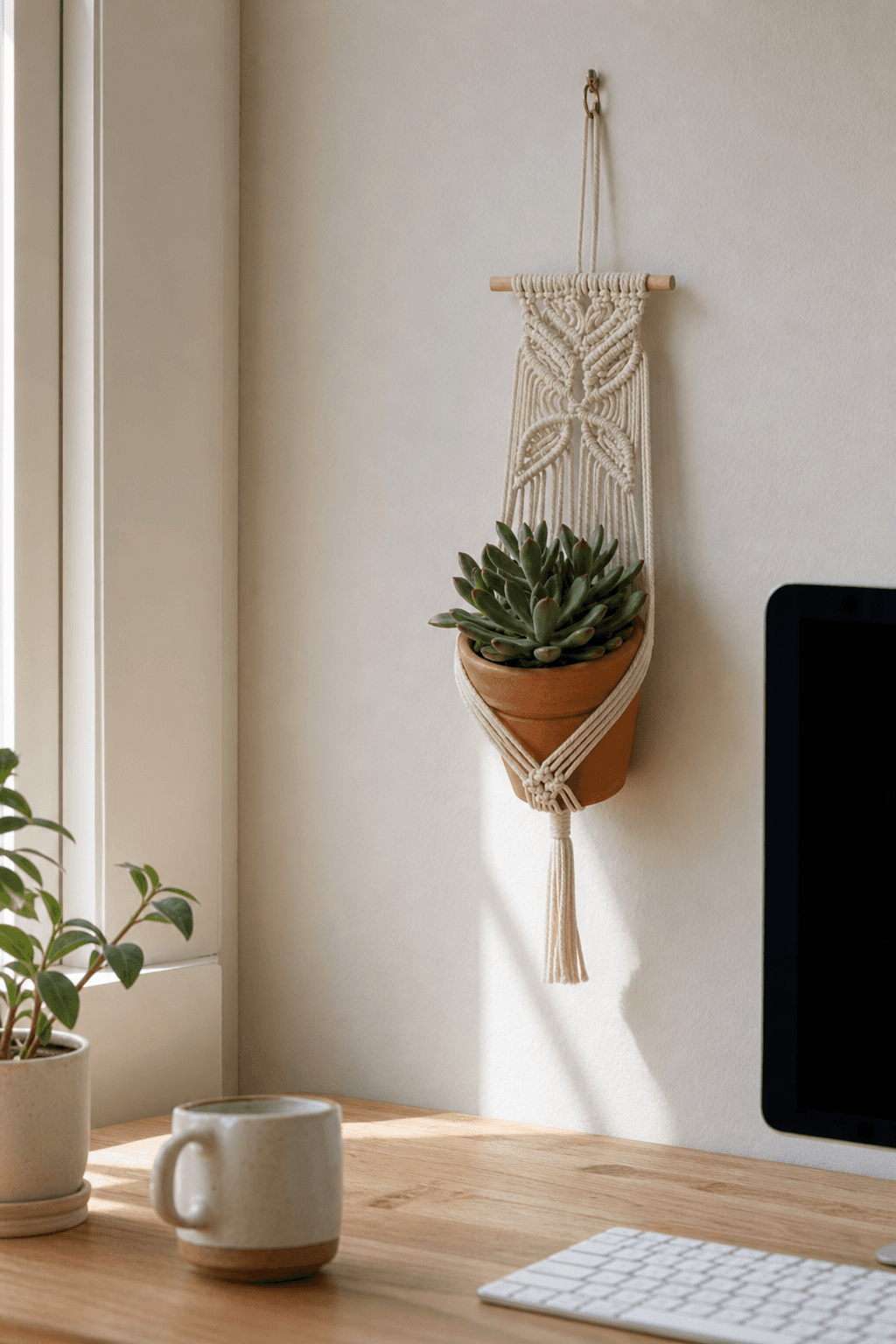 Cache-Pot Mural Macramé Barre Bois Crème