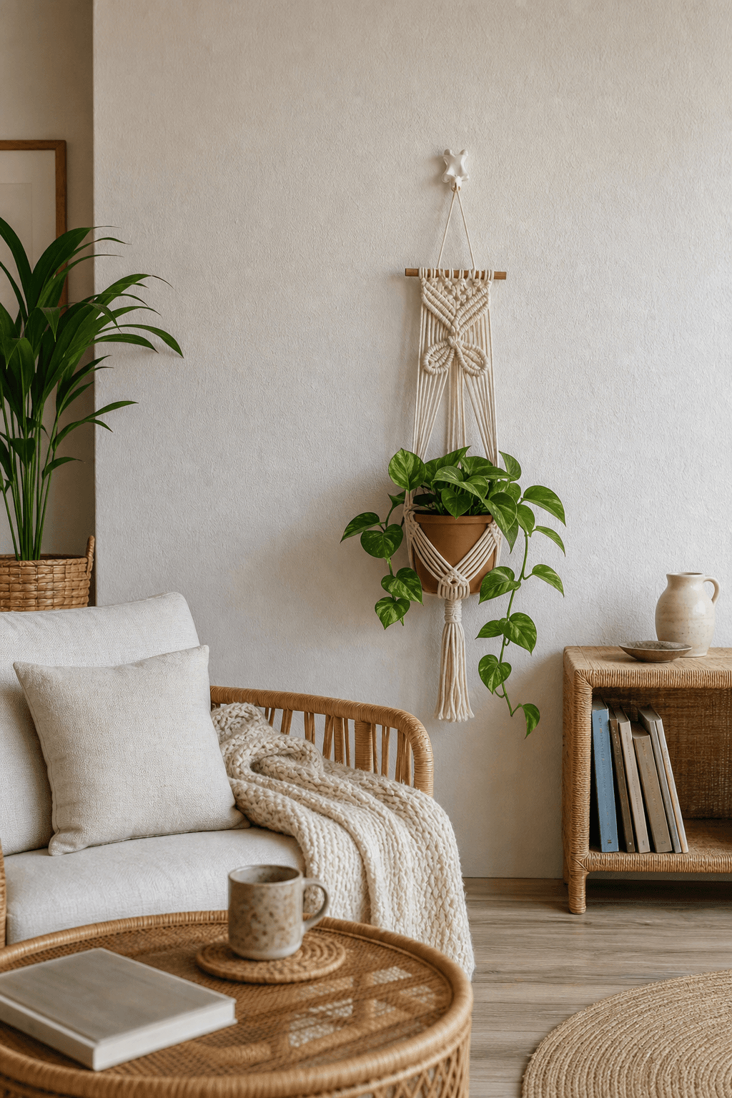 Cache-Pot Mural Macramé Motif Fleurs Crème