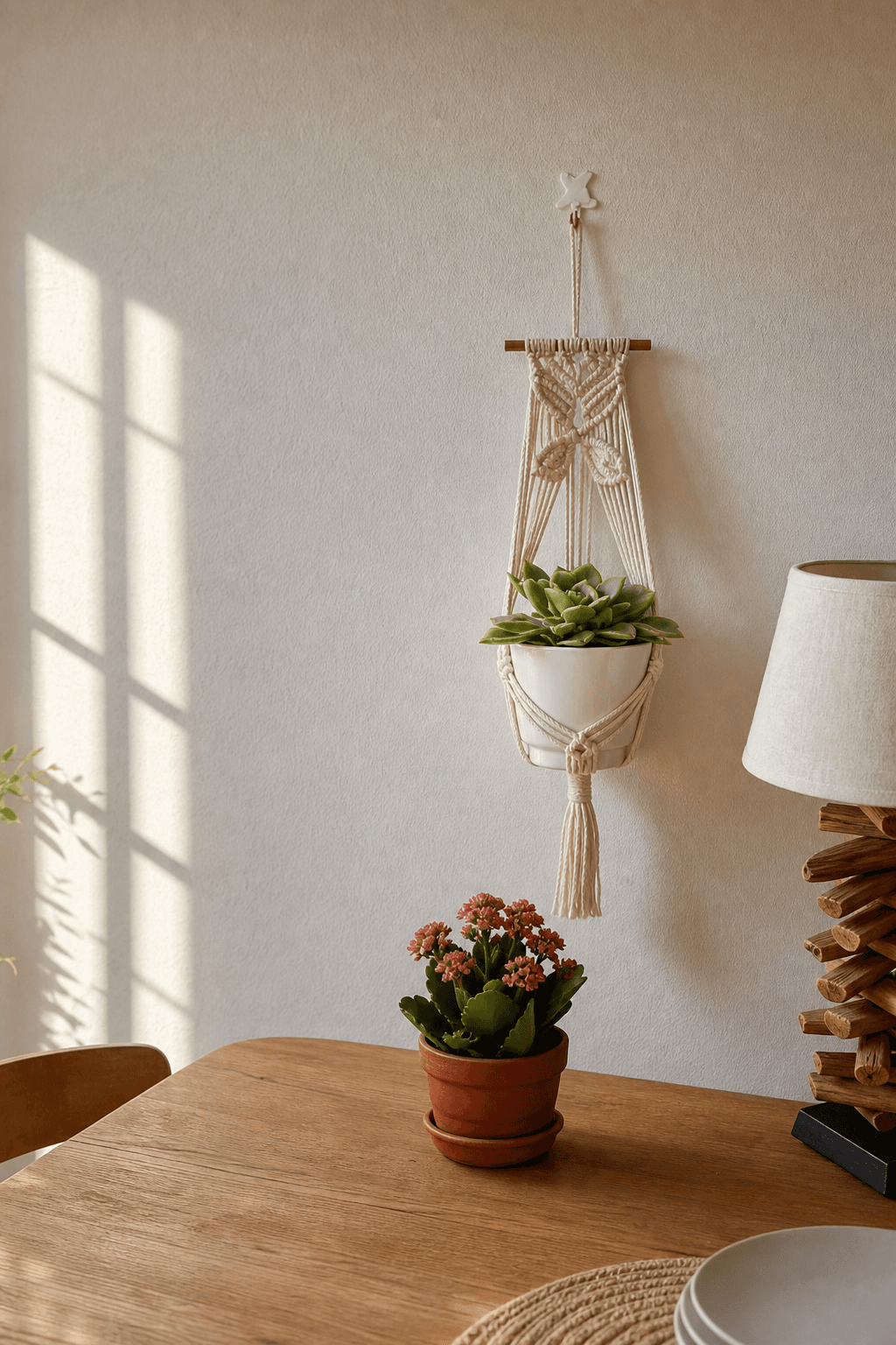 Cache-Pot Mural Macramé Motif Fleurs Crème