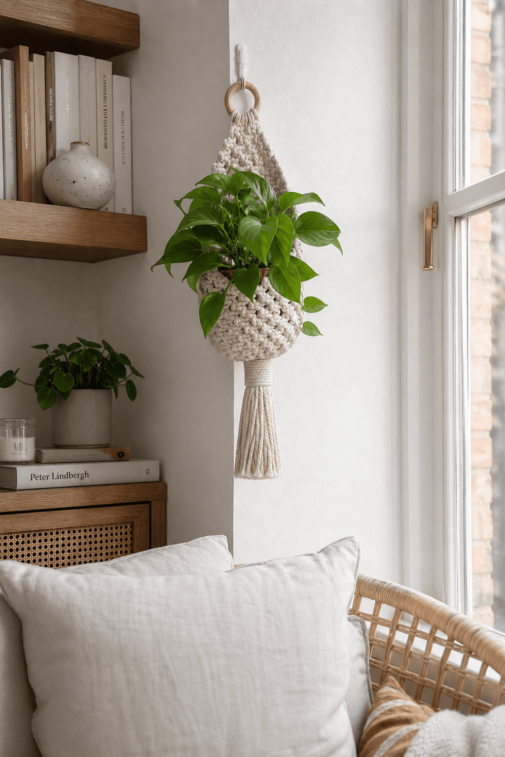 Cache-Pot Suspendu Macramé Crème