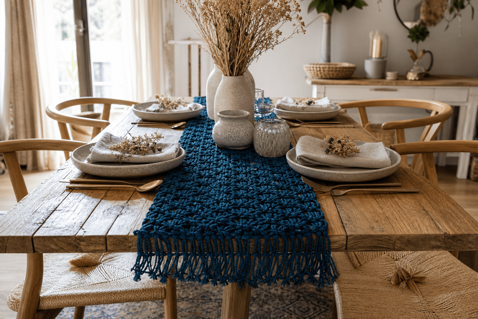 Chemin de Table Macramé Bleu Pétrole
