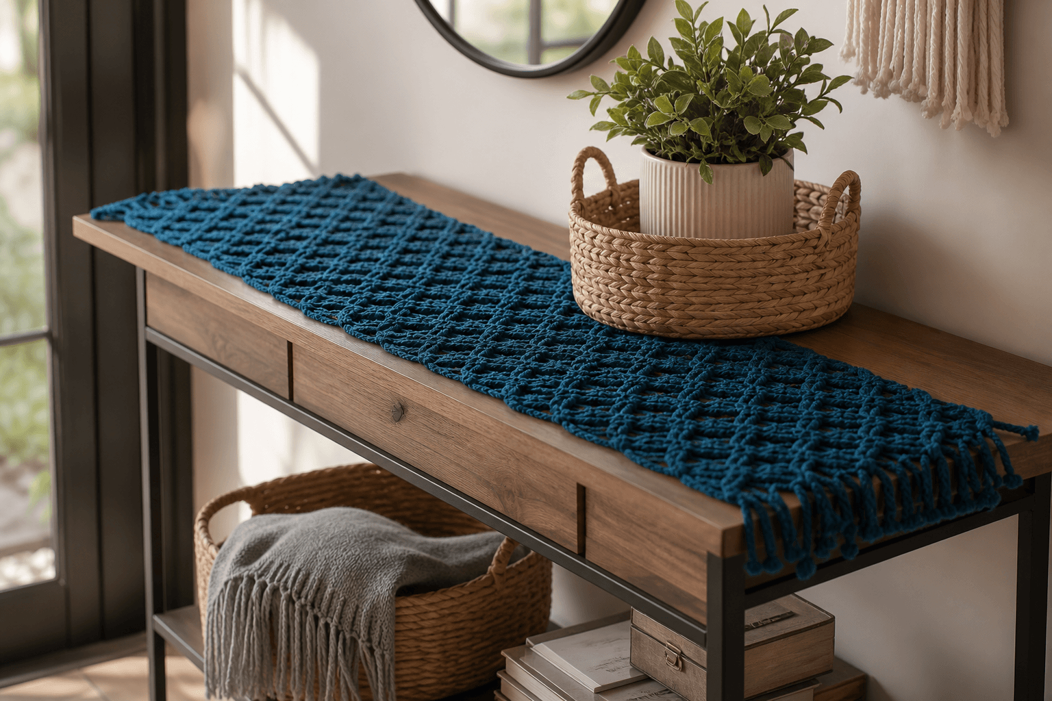 Chemin de Table Macramé Bleu Pétrole