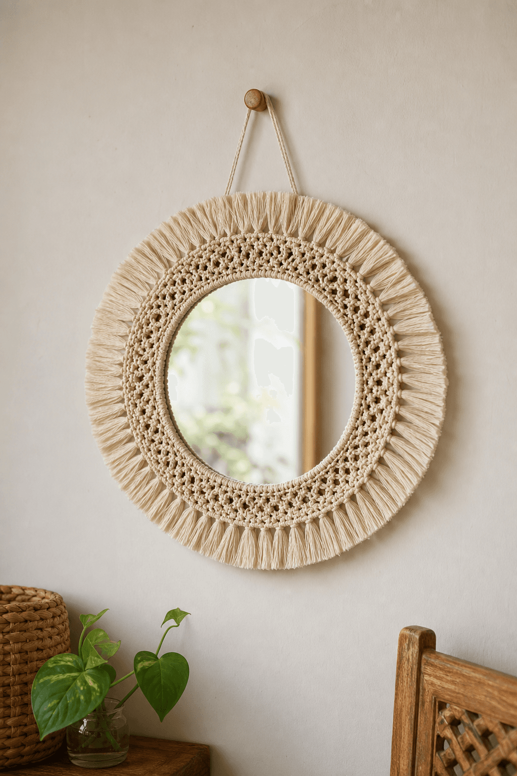 Miroir Macramé Frange Dentelle Crème
