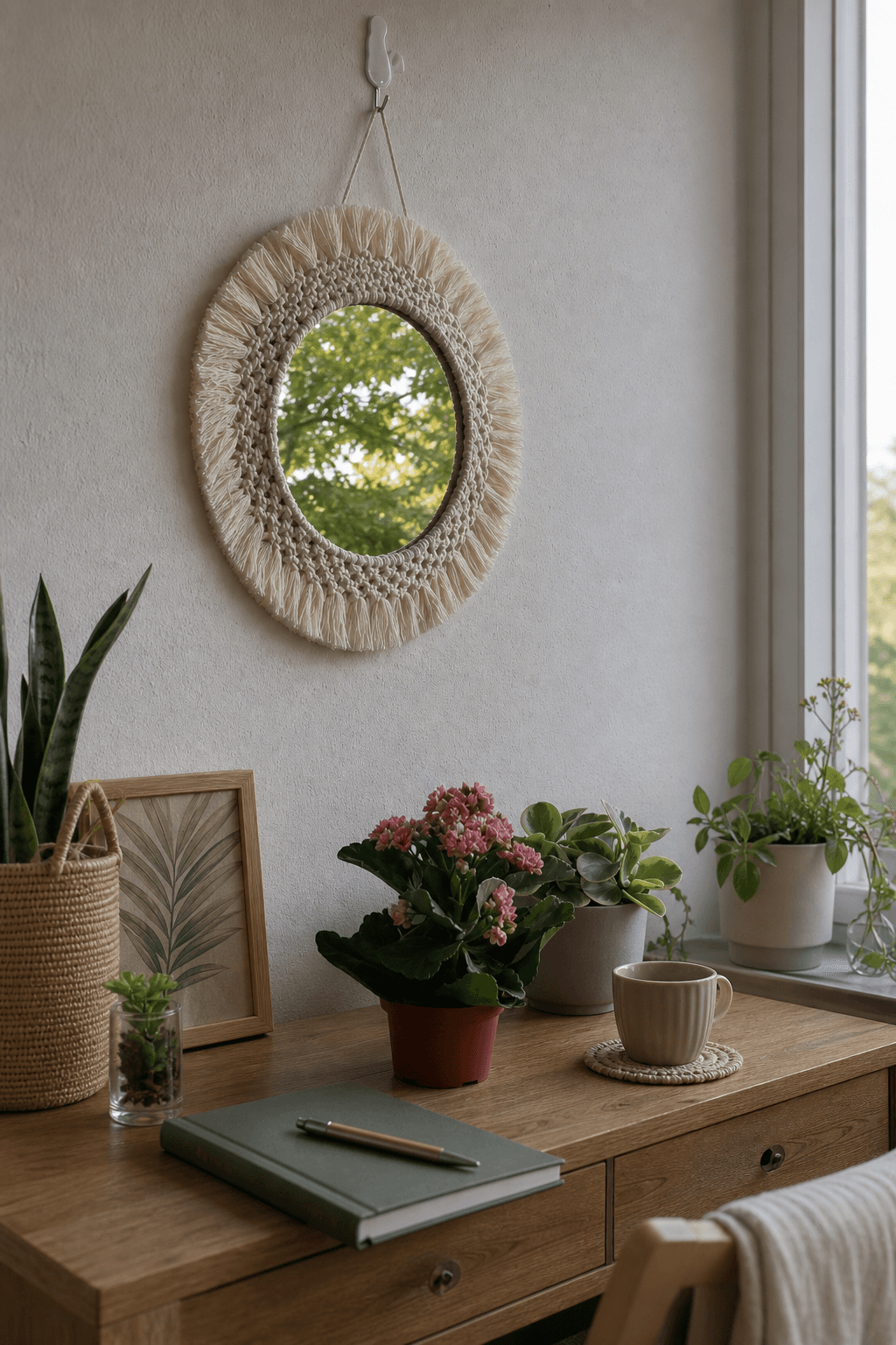 Miroir Macramé Frange Dentelle Crème
