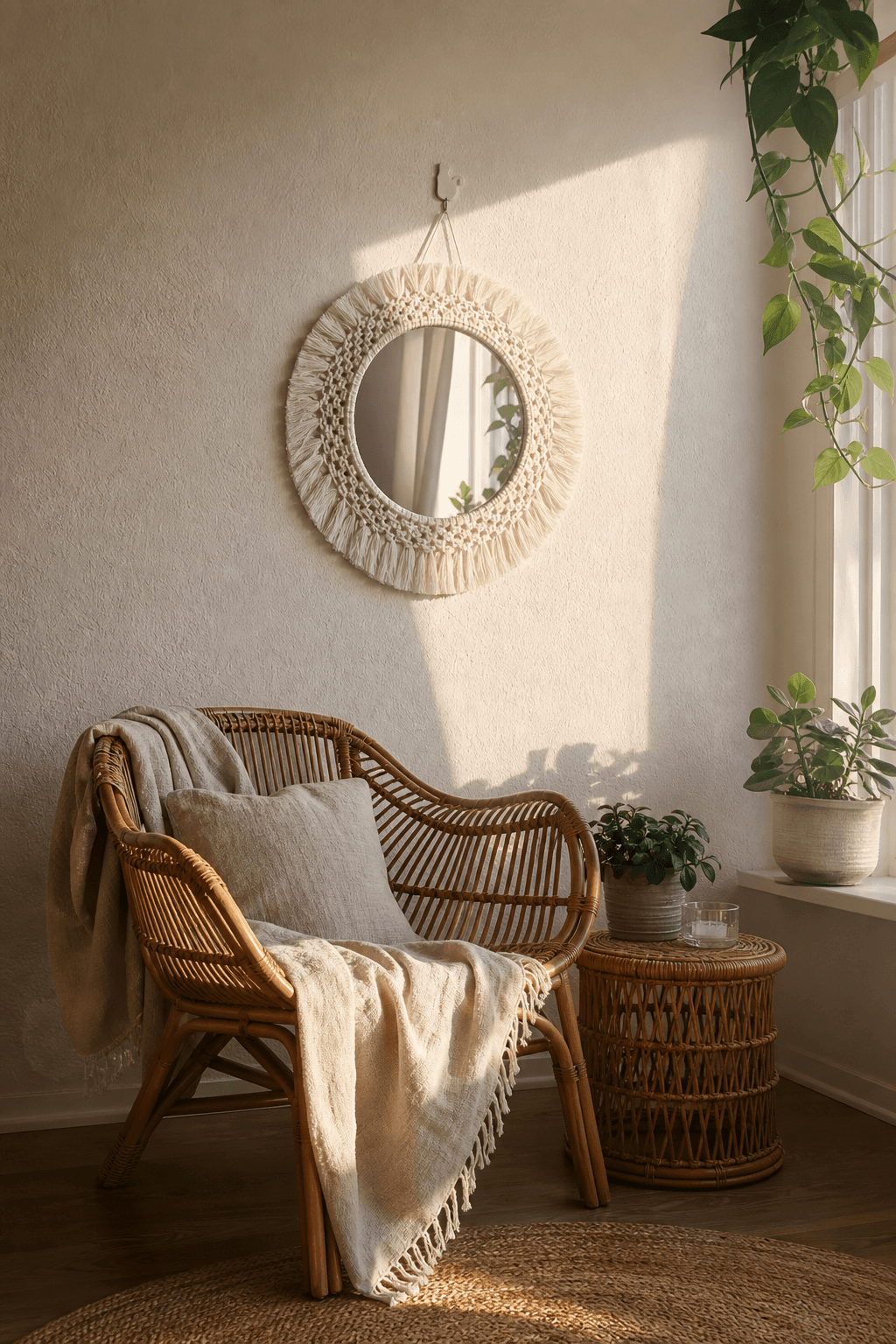 Miroir Macramé Frange Dentelle Crème