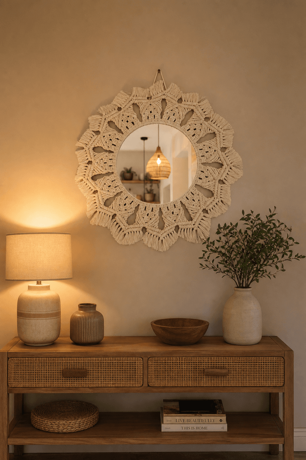 Miroir Macramé Mandala 12 Pétales Crème