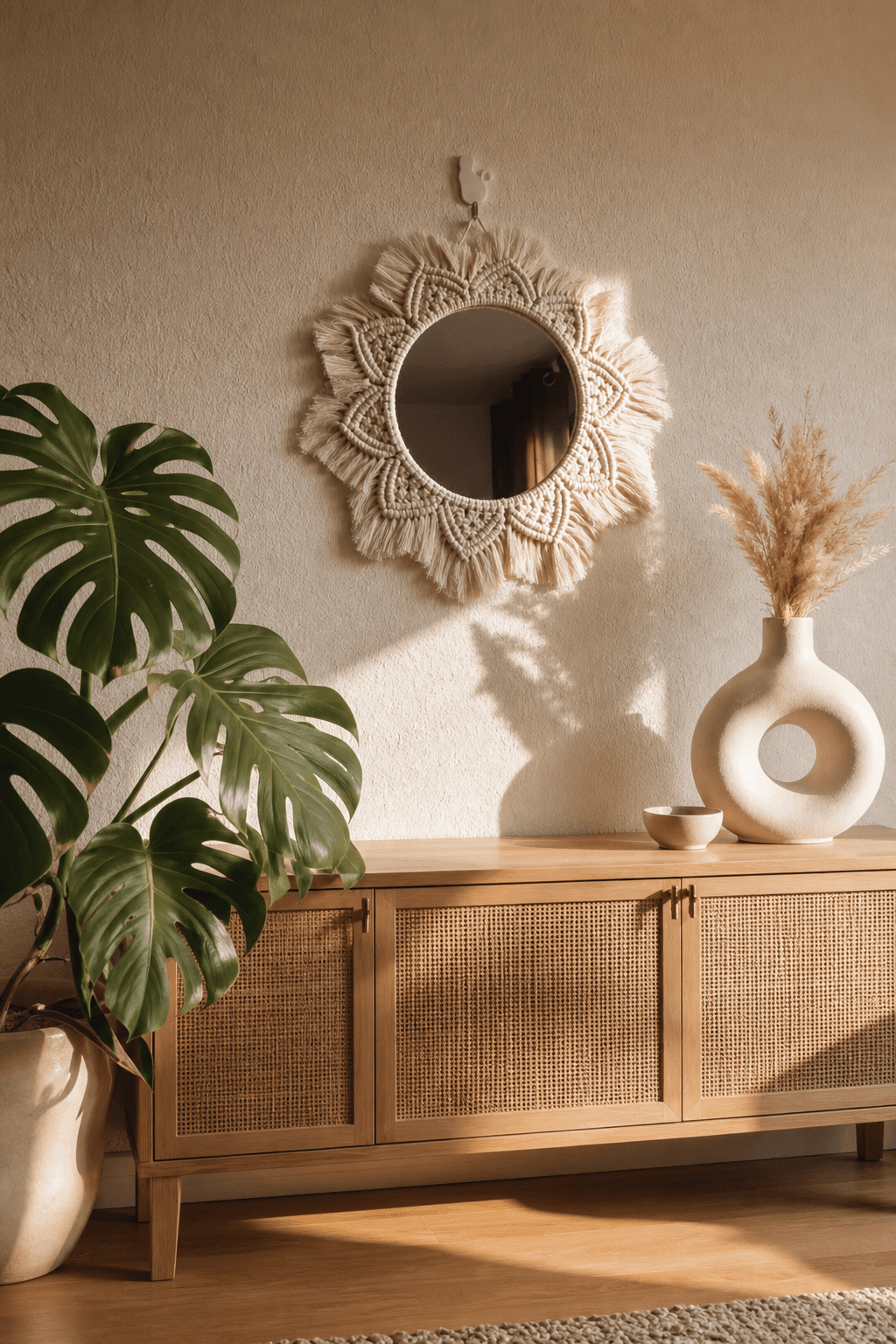 Miroir Macramé Mandala Sunburst Crème