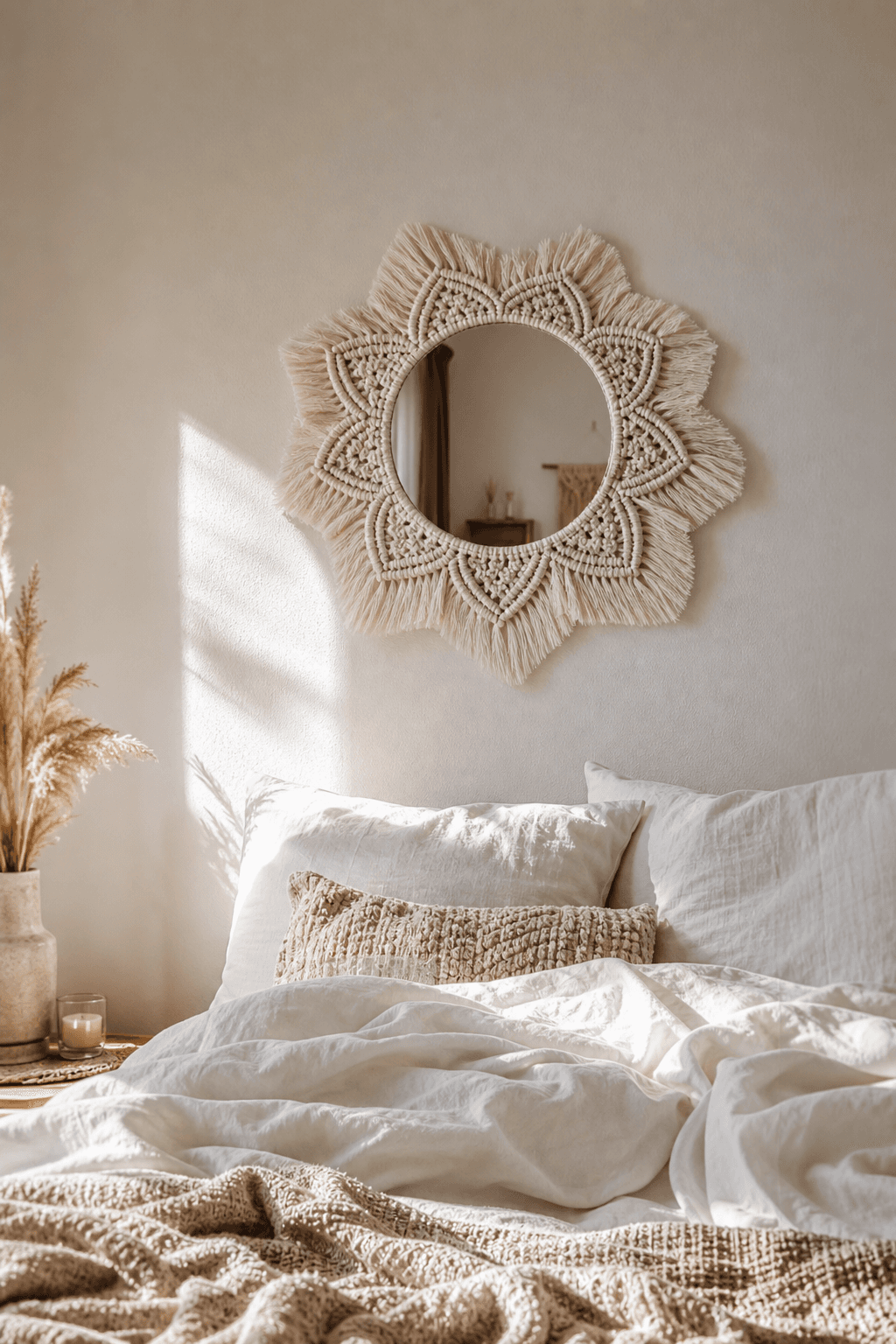 Miroir Macramé Mandala Sunburst Crème