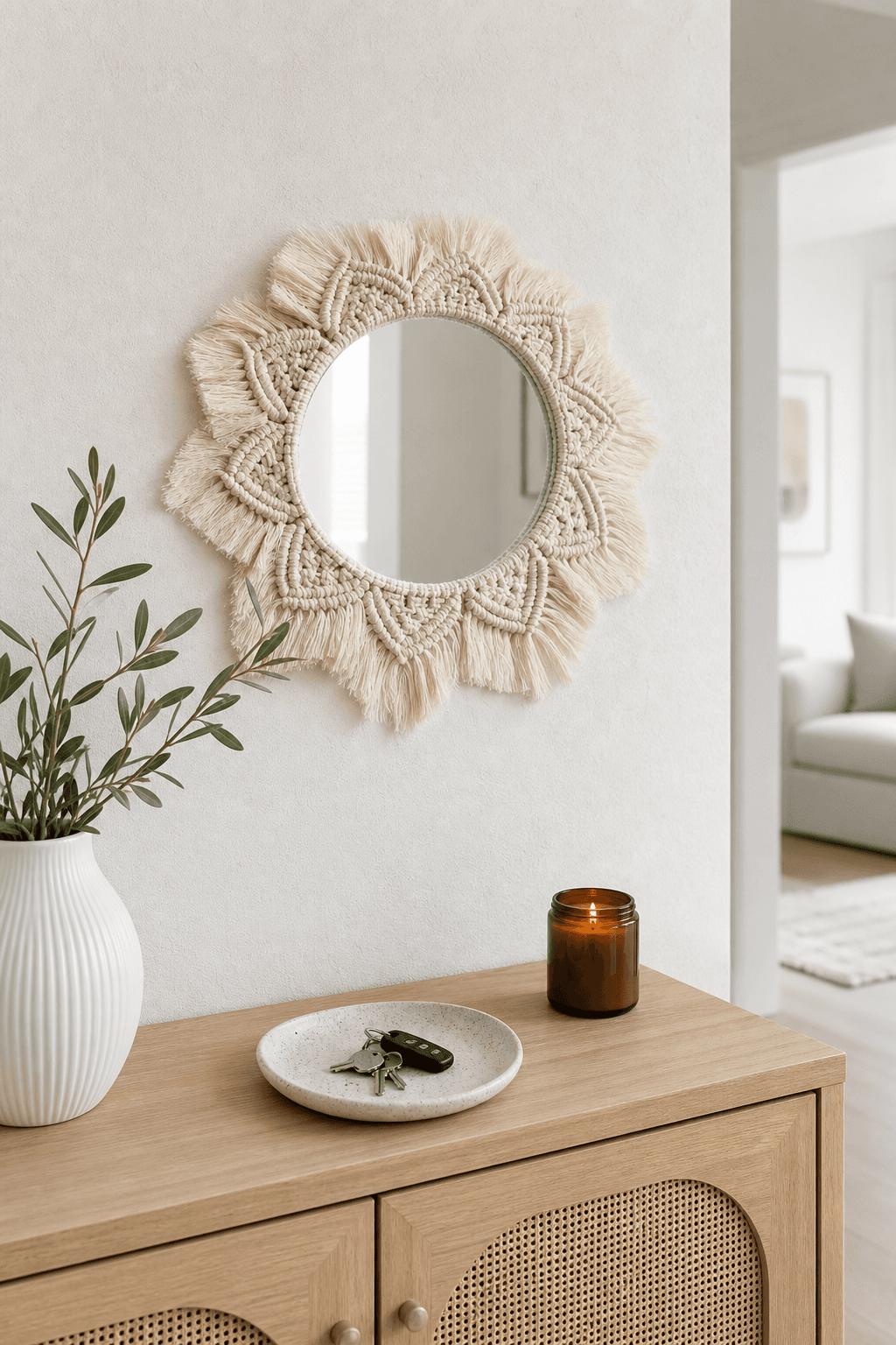 Miroir Macramé Mandala Sunburst Crème
