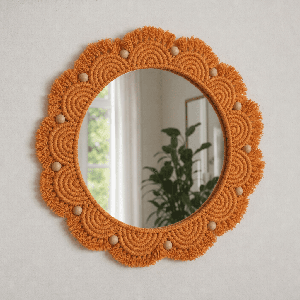 Miroir Macramé Orange & Perles de Bois