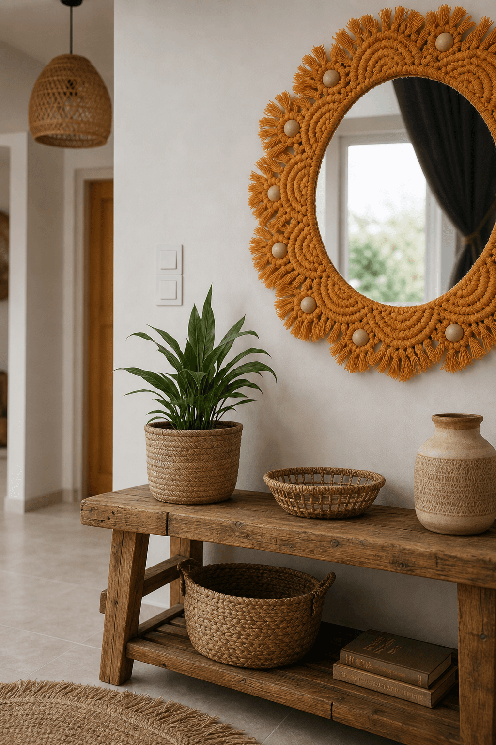 Miroir Macramé Orange & Perles de Bois