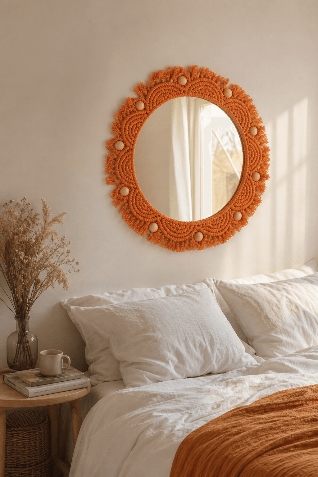 Miroir Macramé Orange & Perles de Bois