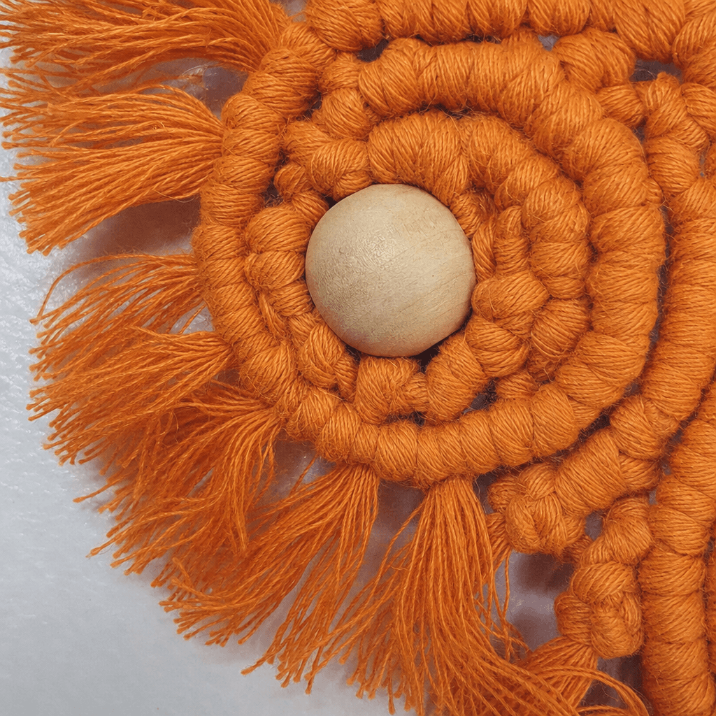 Miroir Macramé Orange & Perles de Bois