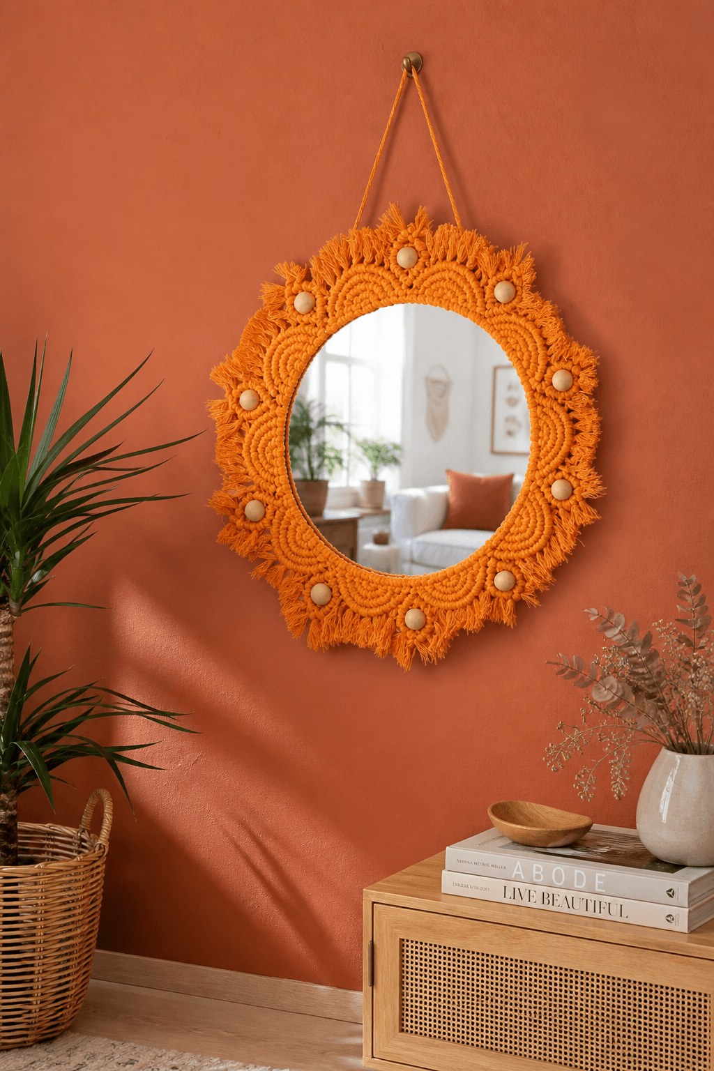 Miroir Macramé Orange & Perles de Bois