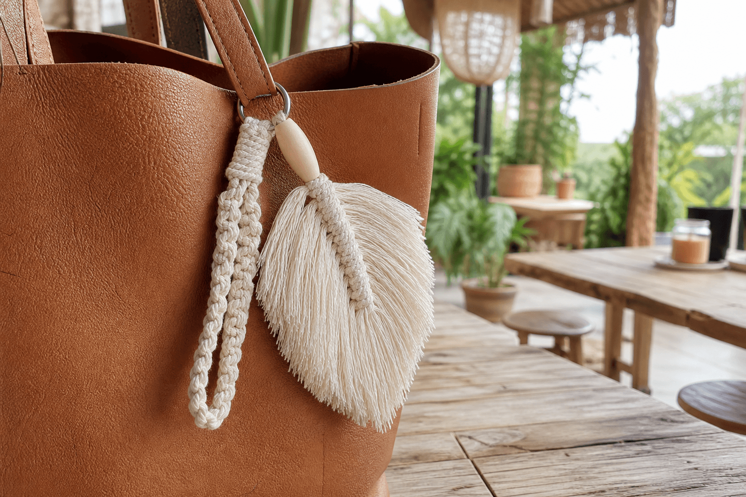 Porte-Clés Macramé Feuille Crème