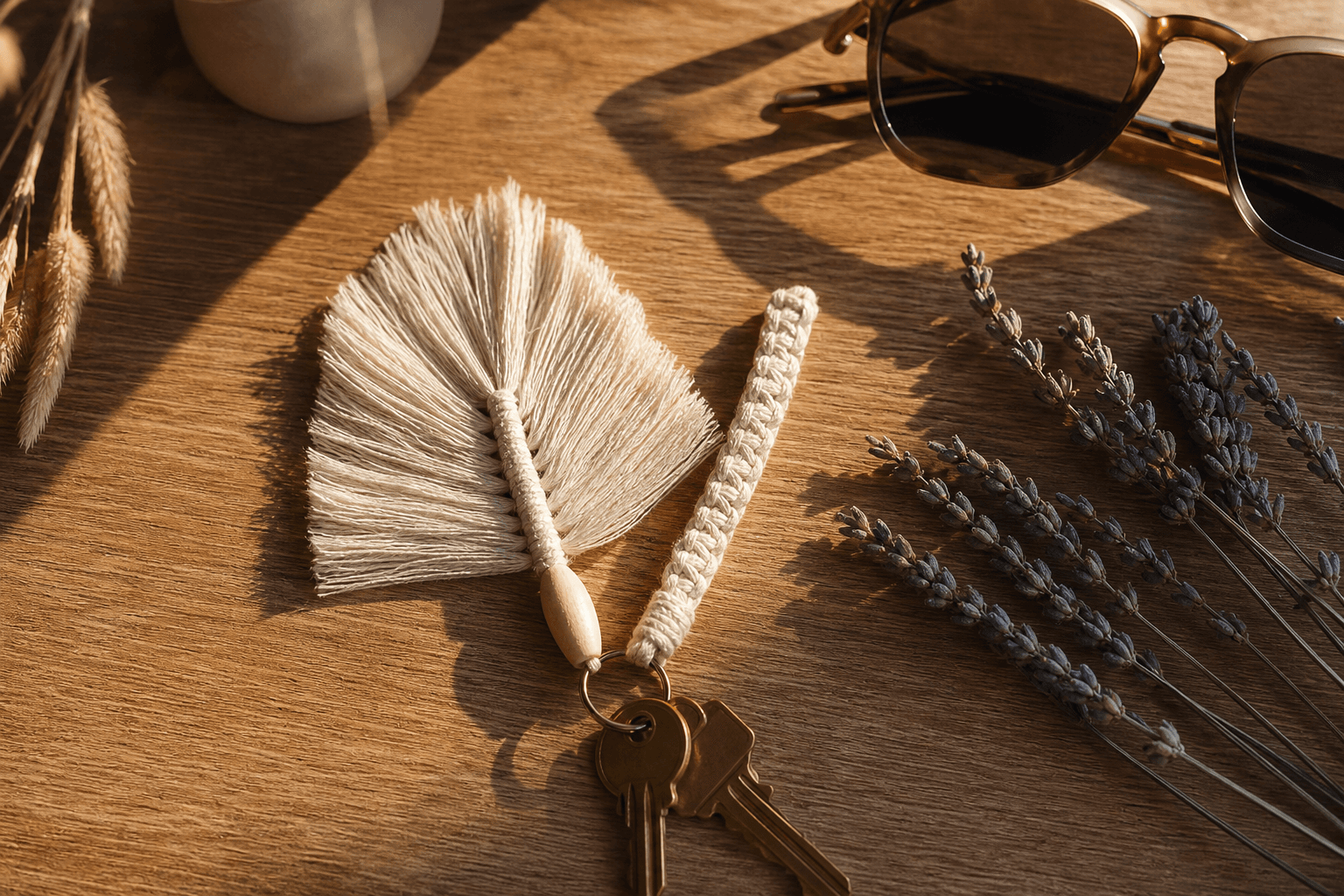 Porte-Clés Macramé Feuille Crème