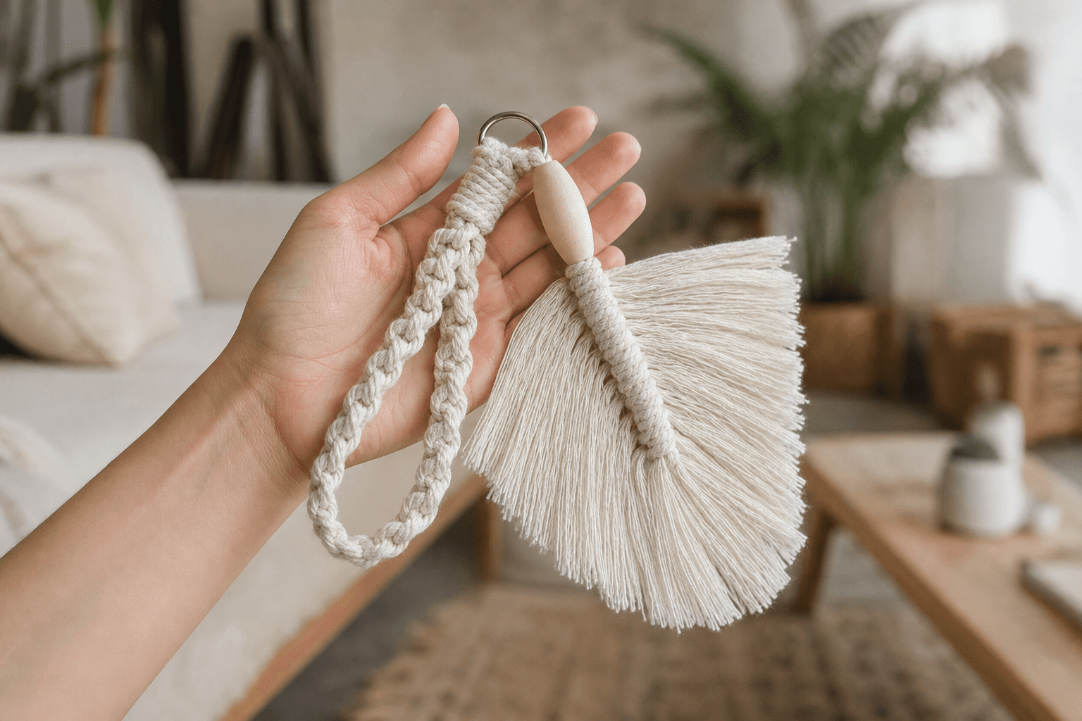 Porte-Clés Macramé Feuille Crème