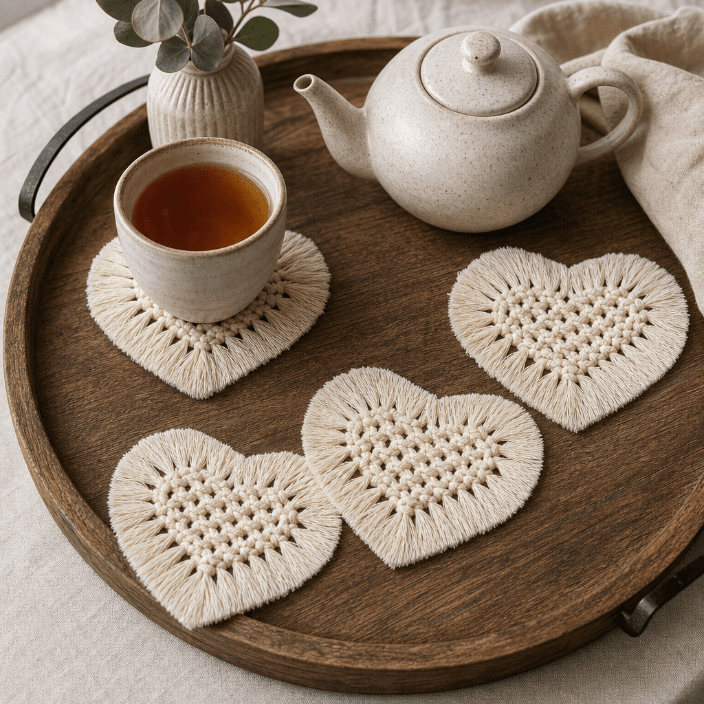 Sous-Verre Macramé Cœur Crème