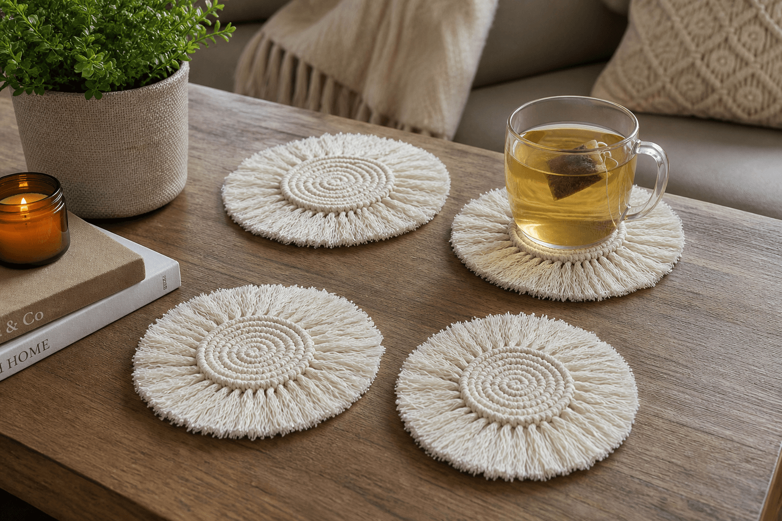 Sous-Verre Macramé Spirale Franges