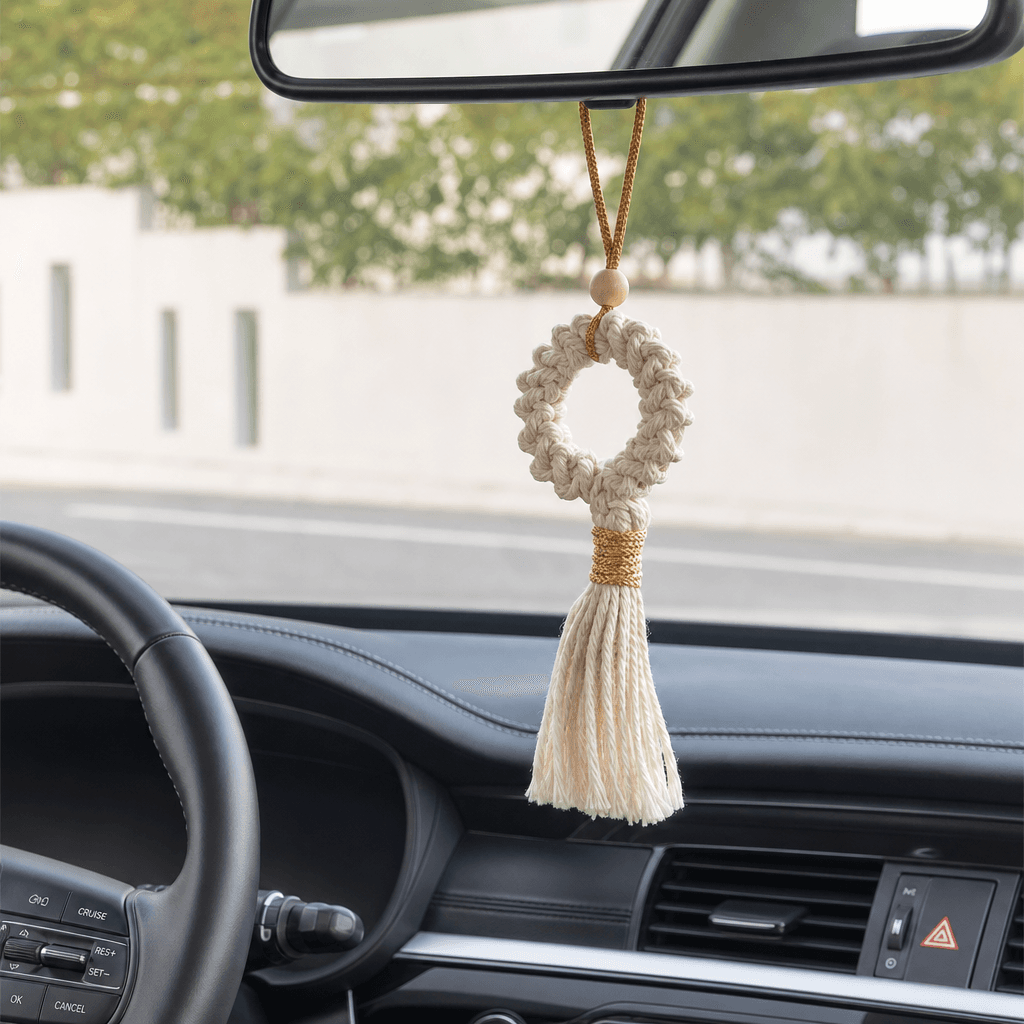 Suspension Voiture Macramé Anneau Crème