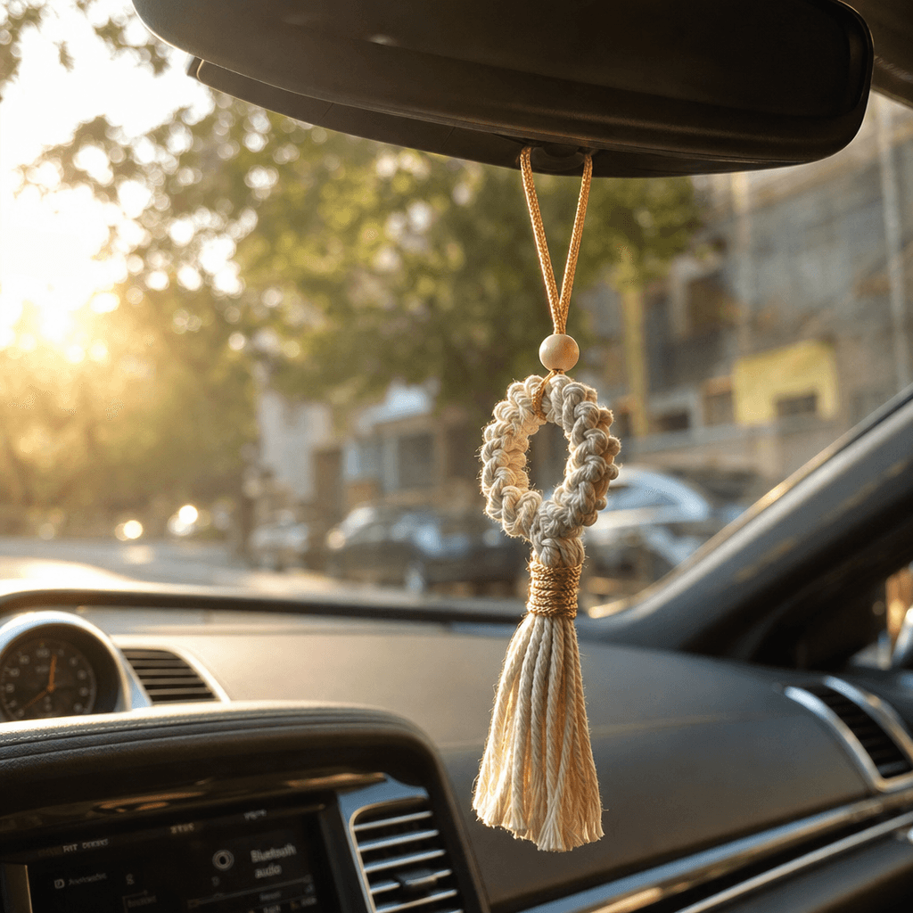 Suspension Voiture Macramé Anneau Crème
