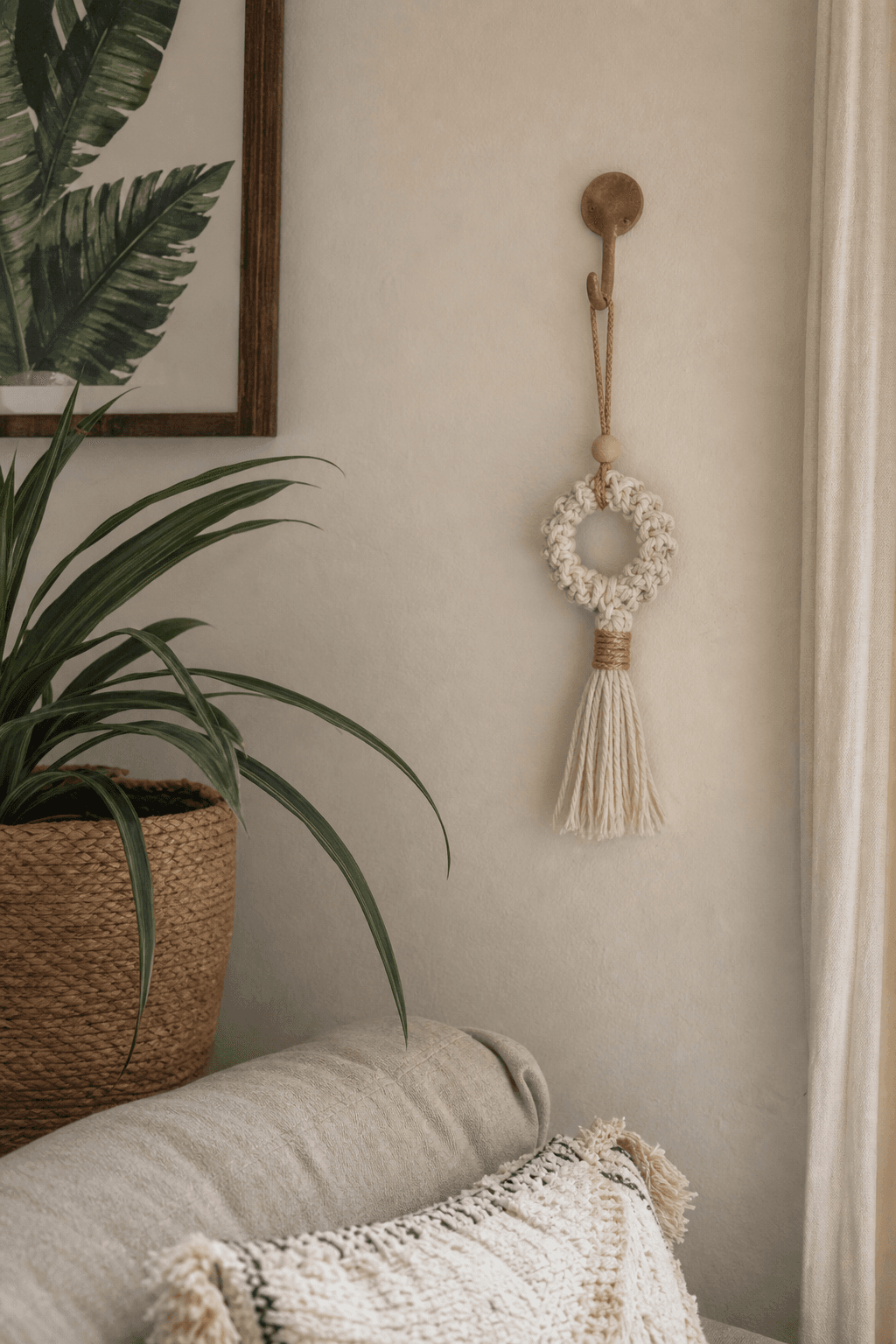 Suspension Voiture Macramé Anneau Crème