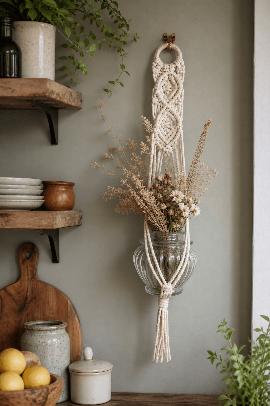Suspente Bocal Macramé Franges Crème