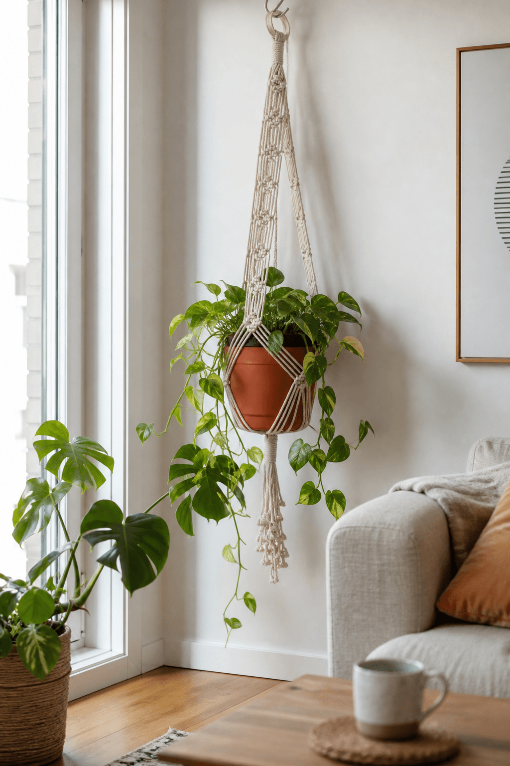 Suspente Plante Macramé Perles Pot Corail