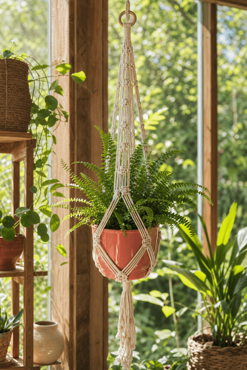 Suspente Plante Macramé Perles Pot Corail