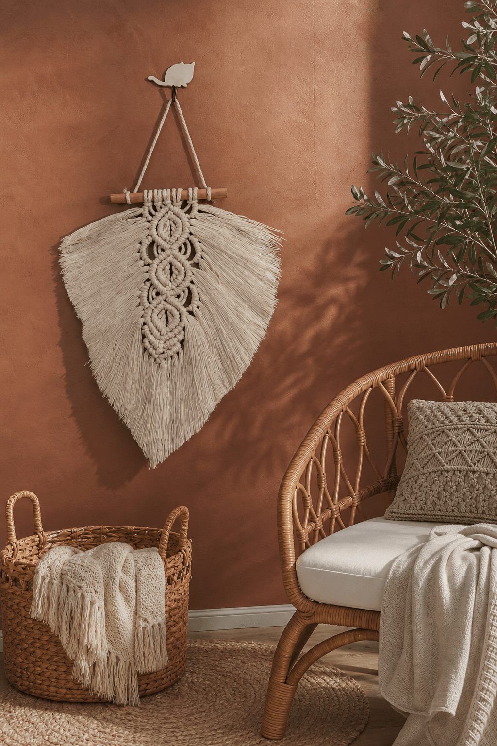 Tapisserie Macramé Feuille Crème