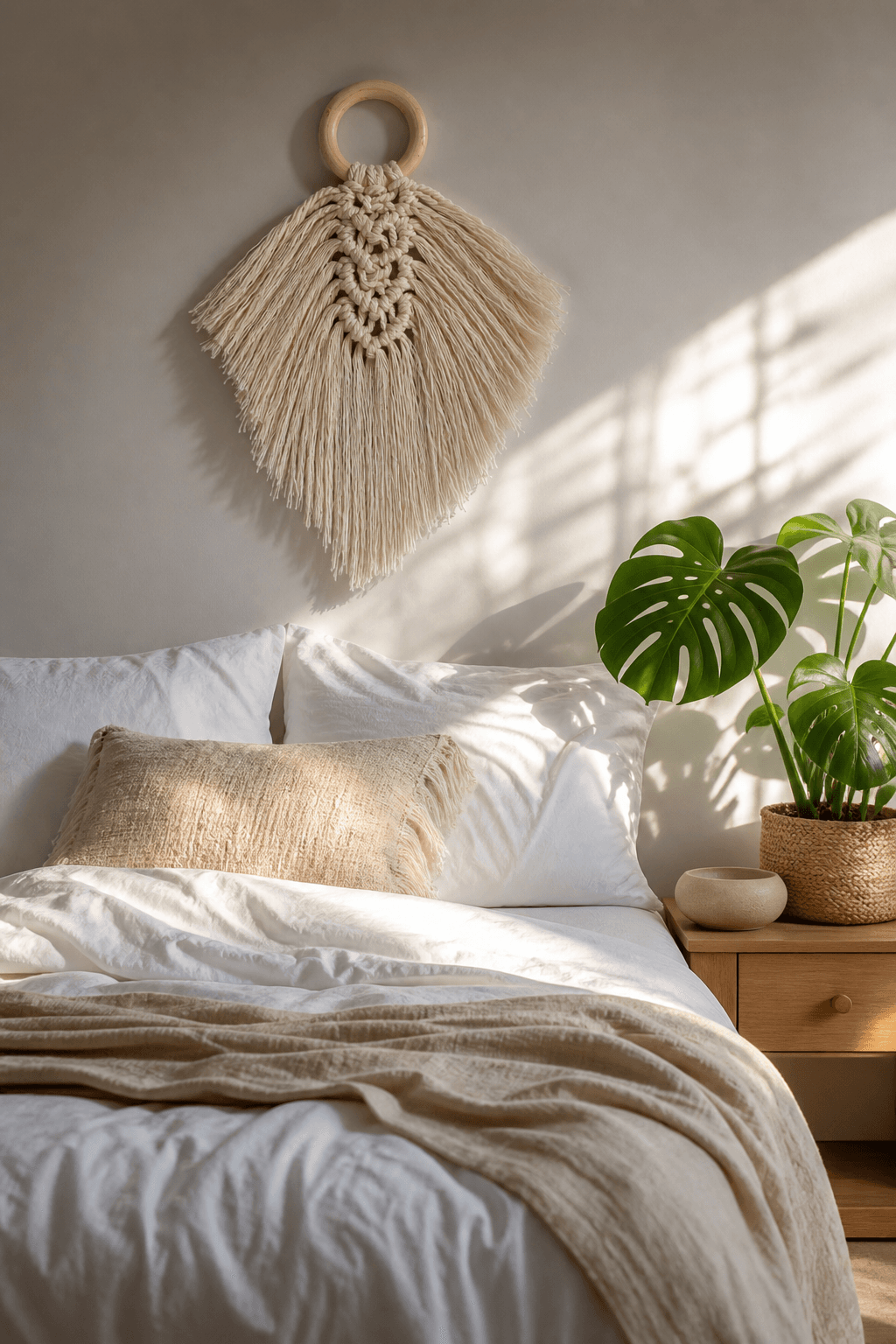 Tapisserie Macramé Feuille Anneau Bois Crème