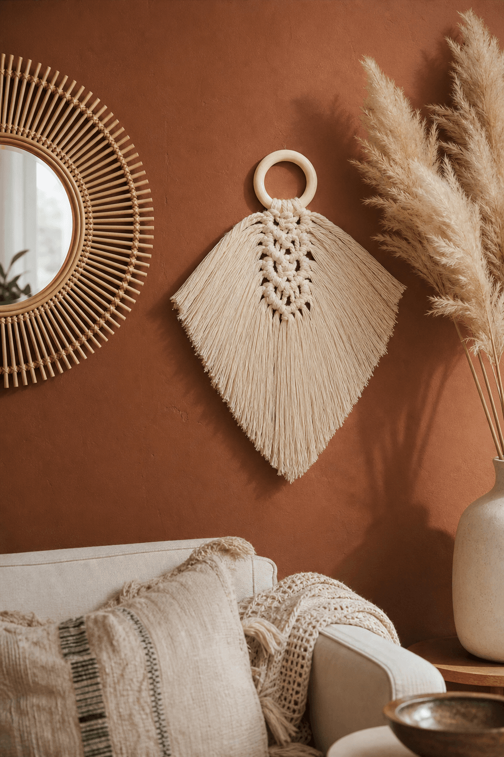 Tapisserie Macramé Feuille Anneau Bois Crème