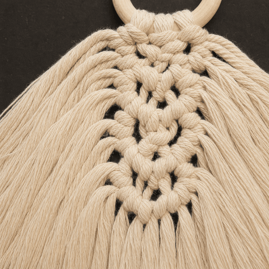 Tapisserie Macramé Feuille Anneau Bois Crème