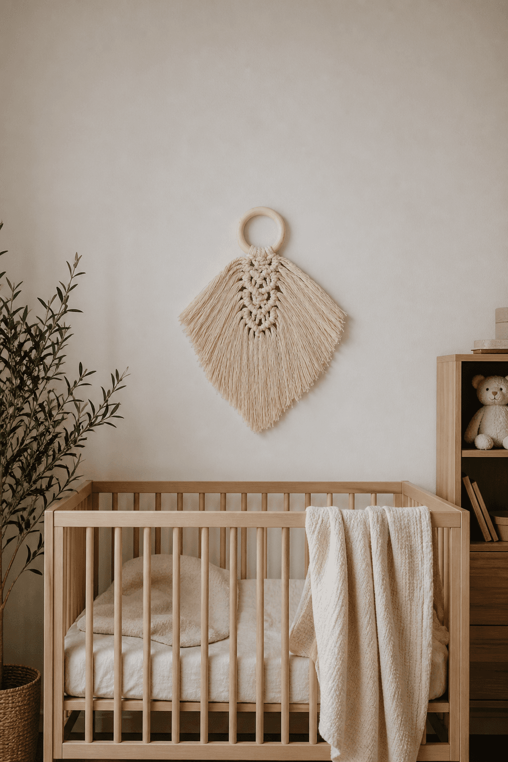 Tapisserie Macramé Feuille Anneau Bois Crème