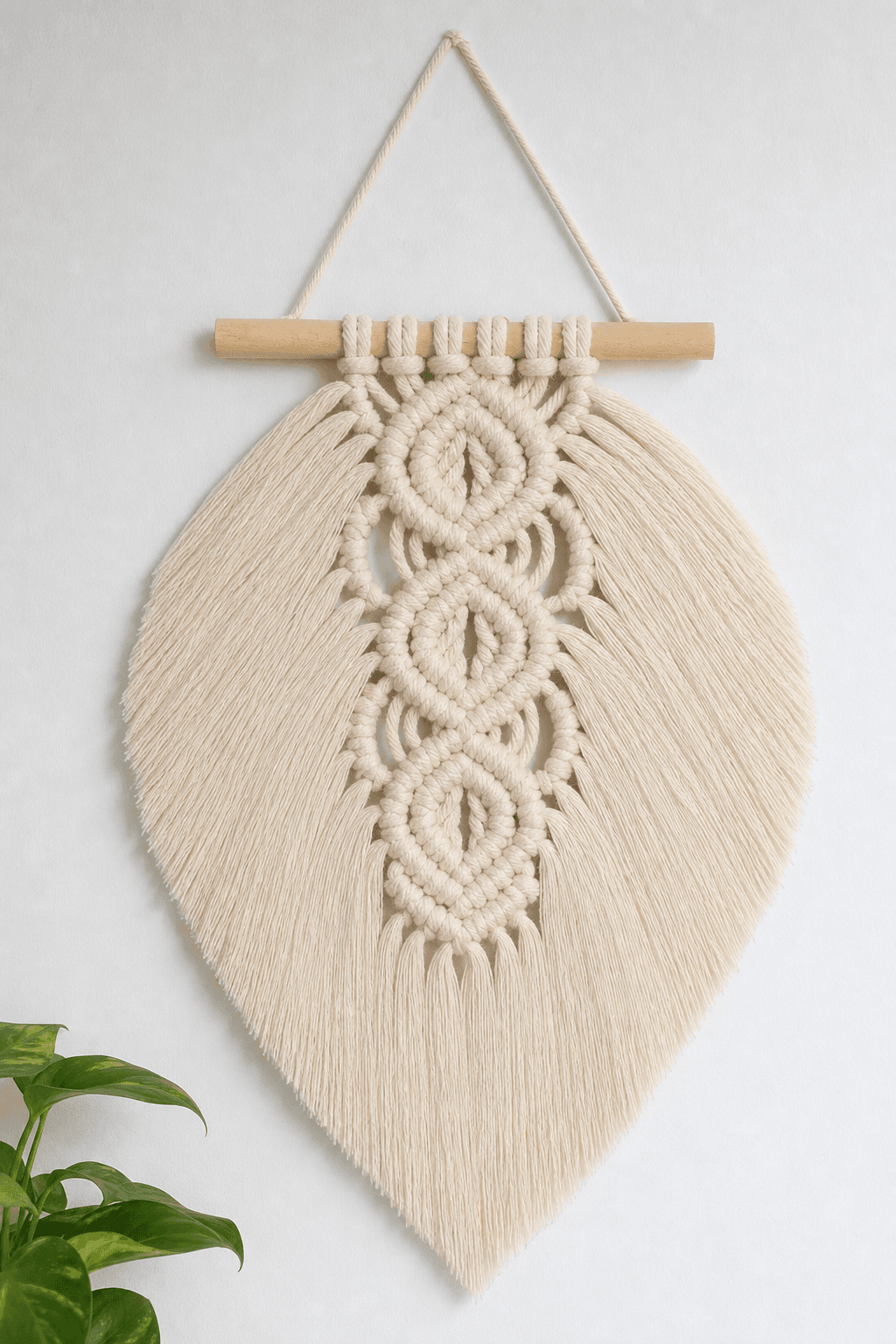 Tapisserie Macramé Feuille Barre Bois Crème