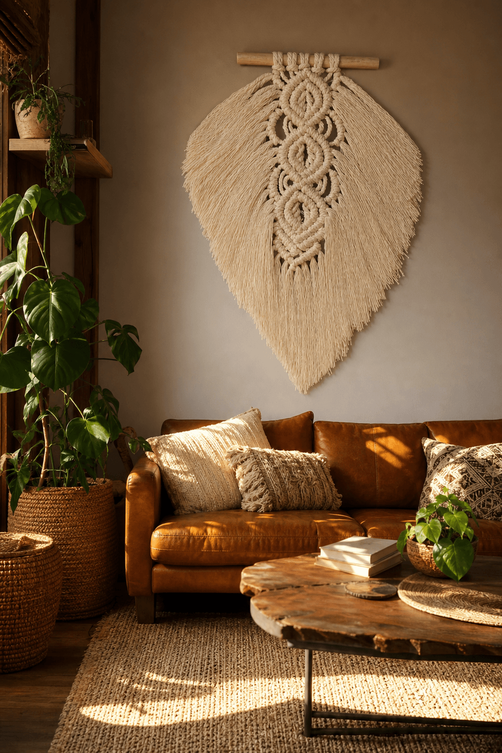 Tapisserie Macramé Feuille Barre Bois Crème
