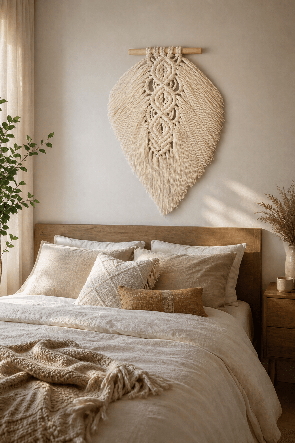 Tapisserie Macramé Feuille Barre Bois Crème